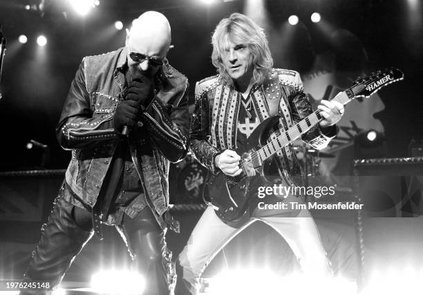 Rob Halford and Glenn Tipton of Judas Priest perform at Sleep Train Pavilion on July 31, 2009 in Concord, California.