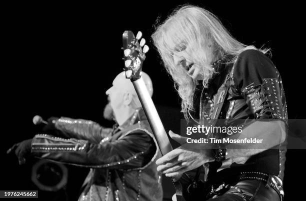 Rob Halford and K. K. Downing of Judas Priest perform at Sleep Train Pavilion on July 31, 2009 in Concord, California.