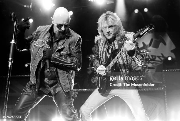 Rob Halford and Glenn Tipton of Judas Priest perform at Sleep Train Pavilion on July 31, 2009 in Concord, California.