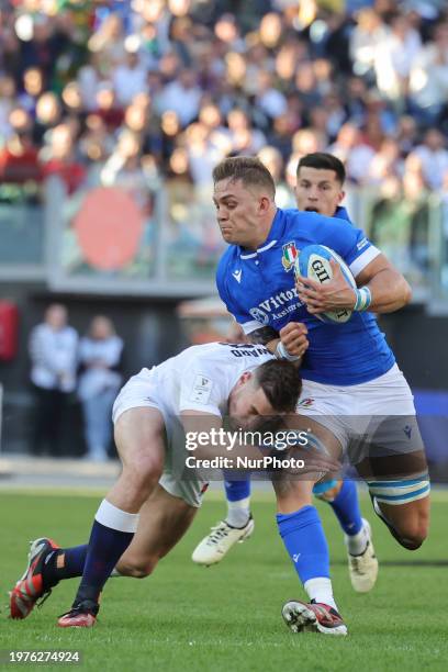 Lorenzo Cannone of Italy is in action during the first match of the Guinness Six Nations tournament between Italy and England at the Stadio Olimpico...