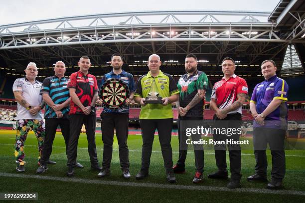 Peter Wright of England, Rob Cross of England, Nathan Aspinall of England, Luke Humphries of England, Michael van Gerwyn of the Netherlands, Michael...