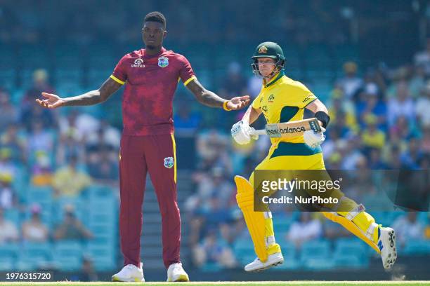 Alzarri Joseph of the West Indies is reacting after bowling during game two of the Men's One Day International series between Australia and the West...