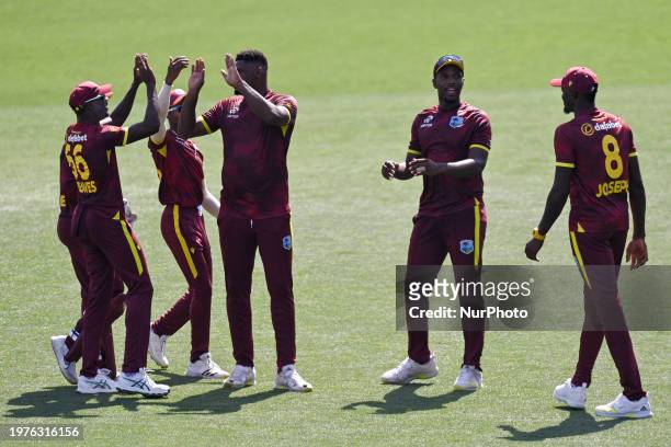 Oshane Thomas of the West Indies is celebrating after taking the wicket of Cameron Green of Australia during game two of the Men's One Day...
