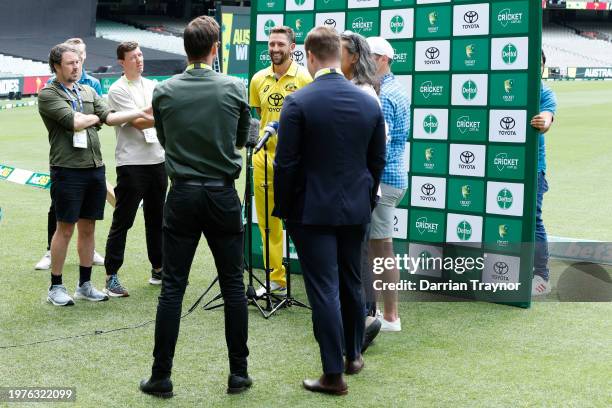 Matt Short speaks to the media during a One Day International media opportunity at Melbourne Cricket Ground on February 01, 2024 in Melbourne,...