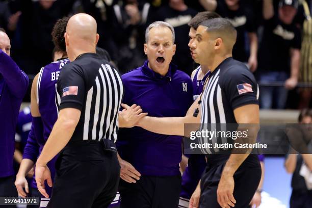 Head coach Chris Collins of the Northwestern Wildcats reacts after receiving a technical foul during the second half against the Purdue Boilermakers...