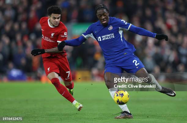 Axel Disasi of Chelsea under pressure from Luis Diaz of Liverpool during the Premier League match between Liverpool FC and Chelsea FC at Anfield on...