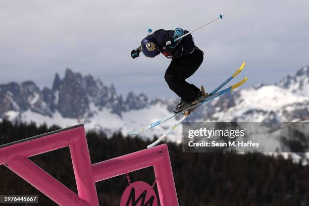Kim Gubser of Switzerland takes a practice run during training for the Men's Freeski Slopestyle Qualifier of the Toyota U.S. Grand Prix at Mammoth...
