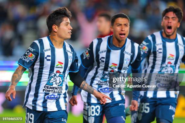 Javier Lopez of Pachuca celebrates after scoring the team's fourth goal during the 4th round match between Pachuca and Atlas as part of the Torneo...