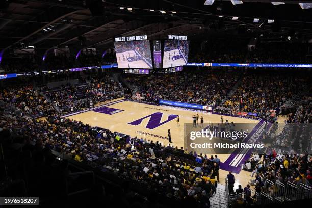 General view of the sold-out crowd during the second half between the Northwestern Wildcats and the Iowa Hawkeyesat Welsh-Ryan Arena on January 31,...