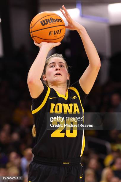 Kate Martin of the Iowa Hawkeyes shoots a three pointer against the Northwestern Wildcatsduring the first half at Welsh-Ryan Arena on January 31,...