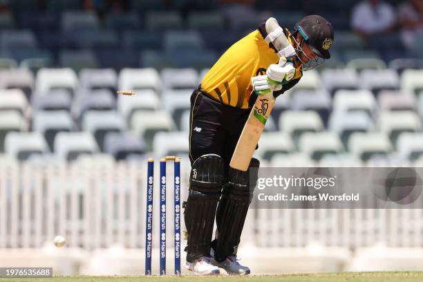 Sam Whiteman of Western Australia gets bowled out for a golden duck during the Marsh One Day Cup match between Western Australia and New South Wales...