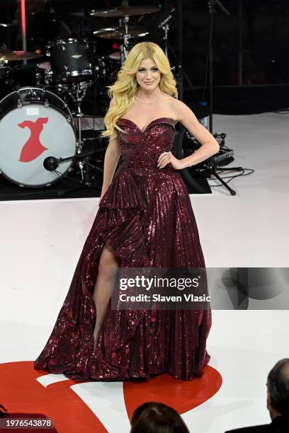 Katherine McNamara walks the runway during The American Heart Association’s Go Red for Women Red Dress Collection Concert 2024 at Jazz at Lincoln...