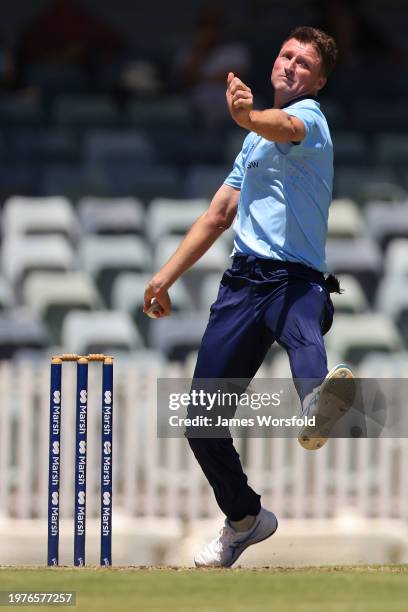 Jackson Bird of New South Wales bowling his pace during the Marsh One Day Cup match between Western Australia and New South Wales at WACA, on...