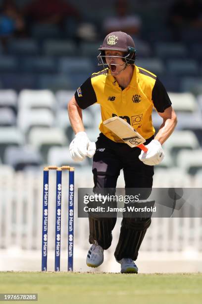 Cameron Bancroft of Western Australia yells out after a shot during the Marsh One Day Cup match between Western Australia and New South Wales at...