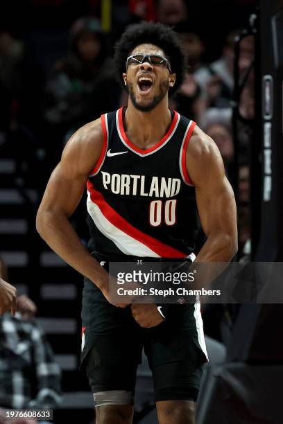 Scoot Henderson of the Portland Trail Blazers reacts after a basket against the Milwaukee Bucks during the second quarter at Moda Center on January...
