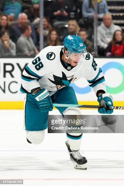 Mike Hoffman of the San Jose Sharks skates on the ice during the second period against the Anaheim Ducks at Honda Center on January 31, 2024 in...