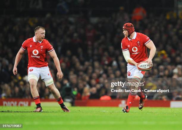 Wales James Botham looks to offload during the Guinness Six Nations 2024 match between Wales and Scotland at Principality Stadium on February 3, 2024...