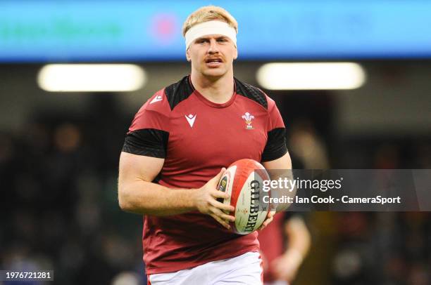 Wales Aaron Wainwright during the pre match warm up during the Guinness Six Nations 2024 match between Wales and Scotland at Principality Stadium on...