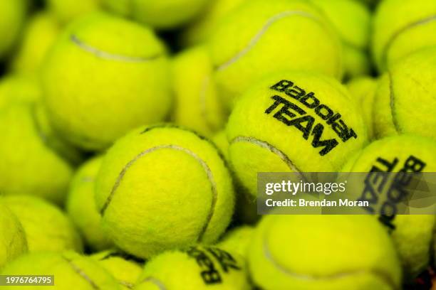 Limerick , Ireland - 4 February 2024; A general view of tennis balls during day two of the Davis Cup World Group I Play-off 1st Round match between...