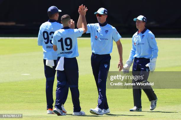 Jackson Bird of New South Wales high fives William Salzmann of New South Wales after his wicket during the Marsh One Day Cup match between Western...