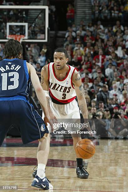 Damon Stoudamire of the Portland Trail Blazers is defended by Steve Nash of the Dallas Mavericks in Game four of the Western Conference Quarterfinals...