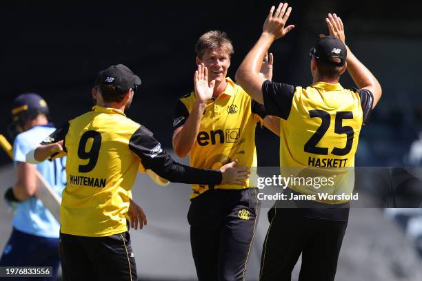 Cameron Gannon of Western Australia celebrates his wicket during the Marsh One Day Cup match between Western Australia and New South Wales at WACA,...