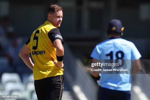 Jason Behrendorff of Western Australia watches on after his bowling during the Marsh One Day Cup match between Western Australia and New South Wales...