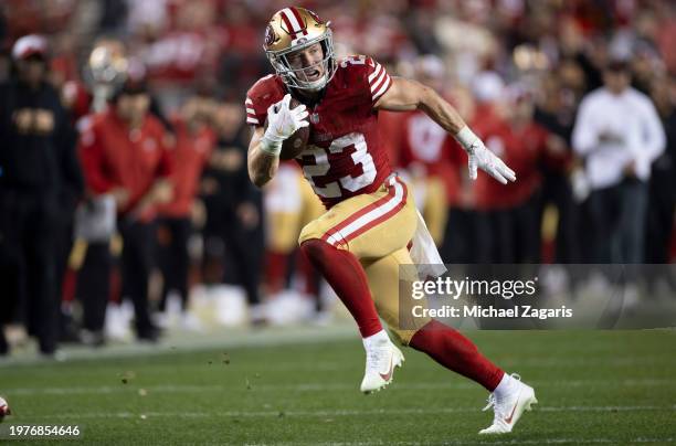 Christian McCaffrey of the San Francisco 49ers rushes during the NFC Championship game against the Detroit Lions at Levi's Stadium on January 28,...