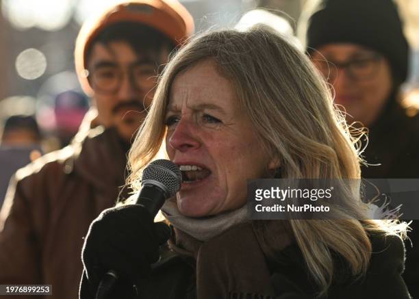 Rachel Notley, Leader of the Opposition of Alberta, addresses the crowd at a rally opposing Premier Danielle Smith's proposed LGBTQ2S+ regulations,...