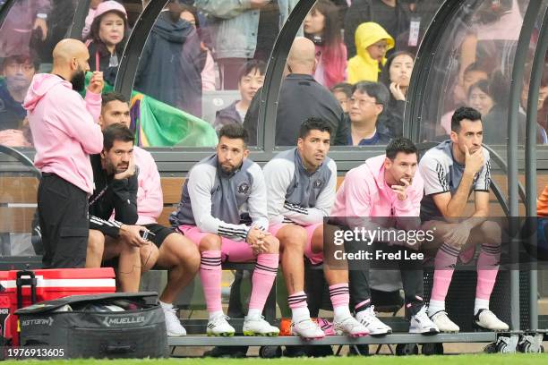 Lionel Messi of Inter Miami reacts during the preseason friendly match between Hong Kong Team and Inter Miami at Hong Kong Stadium on February 4,...