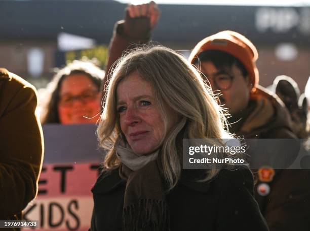 Rachel Notley, Leader of the Opposition of Alberta, addresses the crowd at a rally opposing Premier Danielle Smith's proposed LGBTQ2S+ regulations,...