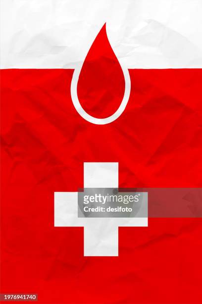 vibrant bright red crumpled paper vertical wrinkled vector backgrounds with one painted big blood drop and plus or medical cross design or symbol for donation drive camp poster with blank copy space and a top edge white border - blood bank stock illustrations stock illustrations
