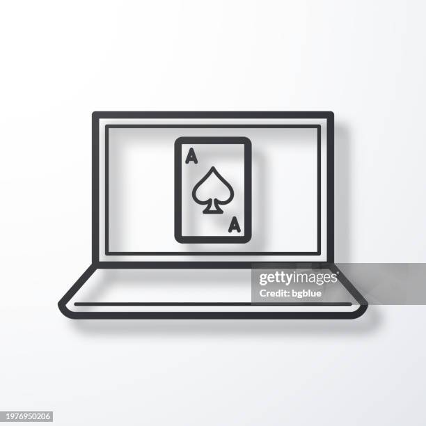 laptop with playing card. line icon with shadow on white background - blackjack stock illustrations