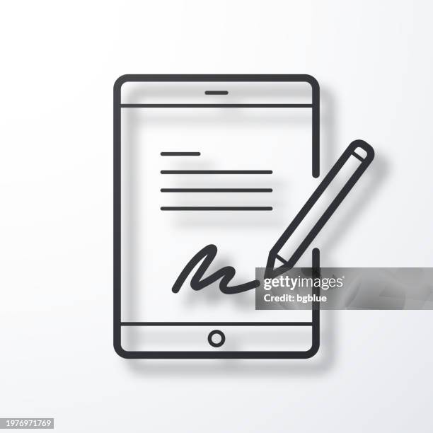 electronic signature on tablet pc. line icon with shadow on white background - digitized pen stock illustrations