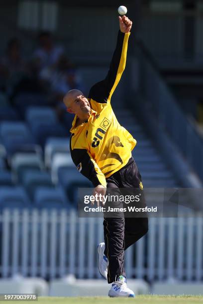 Ashton Agar of Western Australia bowling his spin during the Marsh One Day Cup match between Western Australia and New South Wales at WACA, on...