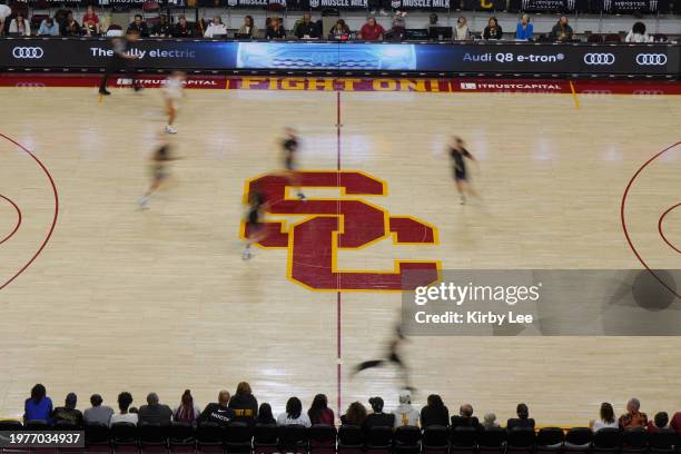 The SC logo at center court during an NCAA college women's basketball game between the Southern California Trojans and the Washington Huskies in Los...