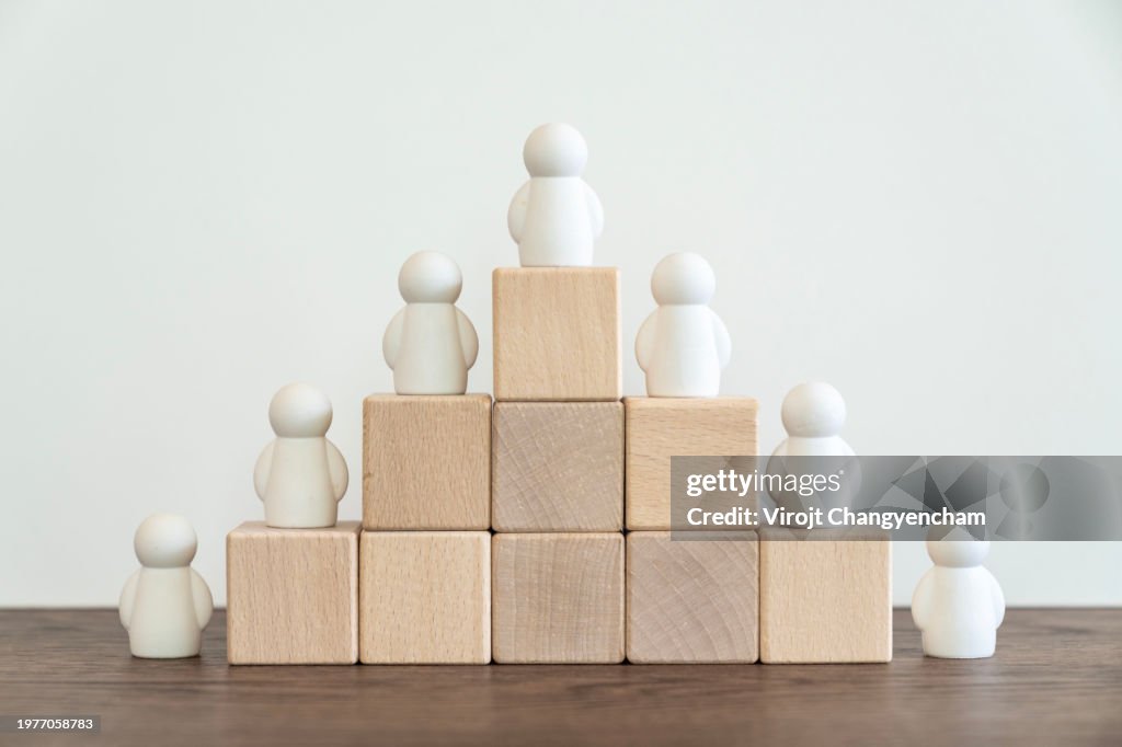 Wooden people figures on top of wooden blocks Career growth, Business Development and leadership concept.