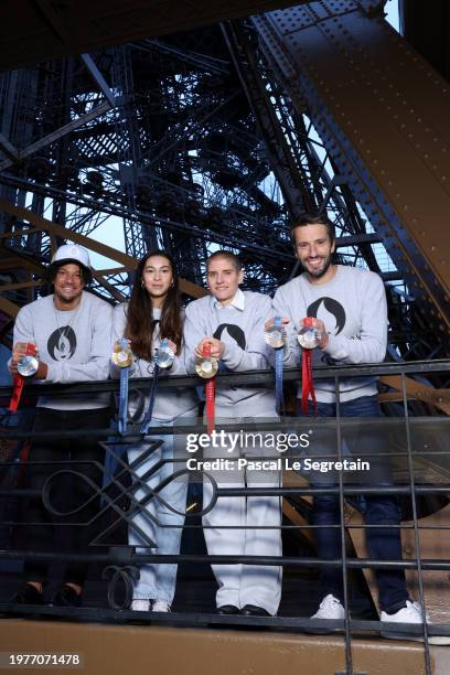 In this image released on February 8, Arnaud Assoumani, Sara Balzer, Marie Patouillet and Tony Estanguet attend the unveiling of the Paris 2024...