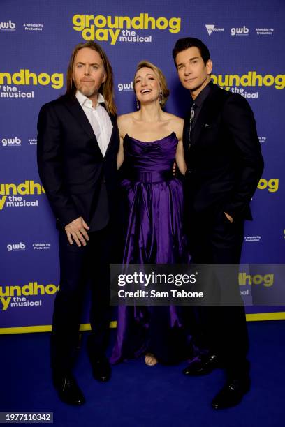 Tim Minchin, Elise McCann and Andy Karl attend the "Groundhog Day The Musical" Australian Premiere at Princess Theatre on February 01, 2024 in...