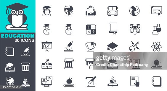 Education Icons set. Solid icon collection. Vector graphic elements, Icon Symbol, Learning, school, University, Education Training Class, Owl, Backpack, Mathematics, Physics, Medal, Paintbrush Education Icons set. Solid icon collection. Vector graphic elements, Icon Symbol, Learning, school, University, Education Training Class, Owl, Backpack, Mathematics, Physics, Medal, Paintbrush