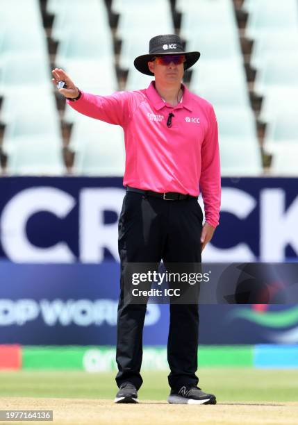 Match Umpire Phillip Gillespie signals during the ICC U19 Men's Cricket World Cup South Africa 2024 13th to 16th Place Play-off match between...