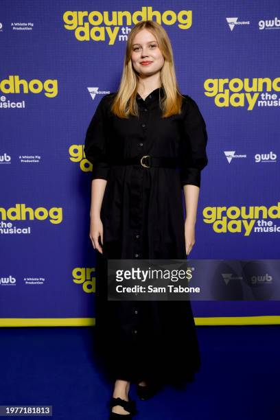 Angourie Rice attends the "Groundhog Day The Musical" Australian Premiere at Princess Theatre on February 01, 2024 in Melbourne, Australia.