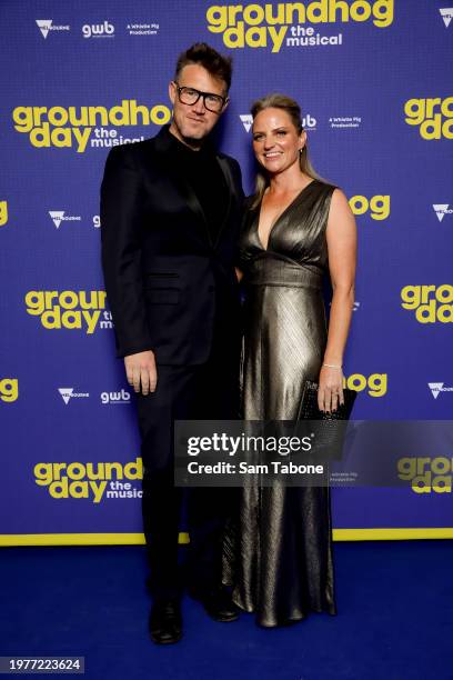 Eddie Perfect and Lucy Cochran attend the "Groundhog Day The Musical" Australian Premiere at Princess Theatre on February 01, 2024 in Melbourne,...