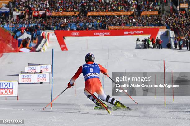 Daniel Yule of Team Switzerland in action during the Audi FIS Alpine Ski World Cup Men's Slalom on February 4, 2024 in Chamonix, France.