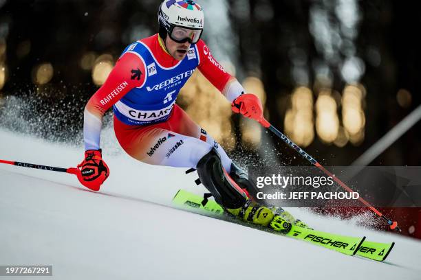 Switzerland's Daniel Yule competes in the first run of the Men's Slalom event during the FIS Alpine ski World Cup in Chamonix, on February 4, 2024....