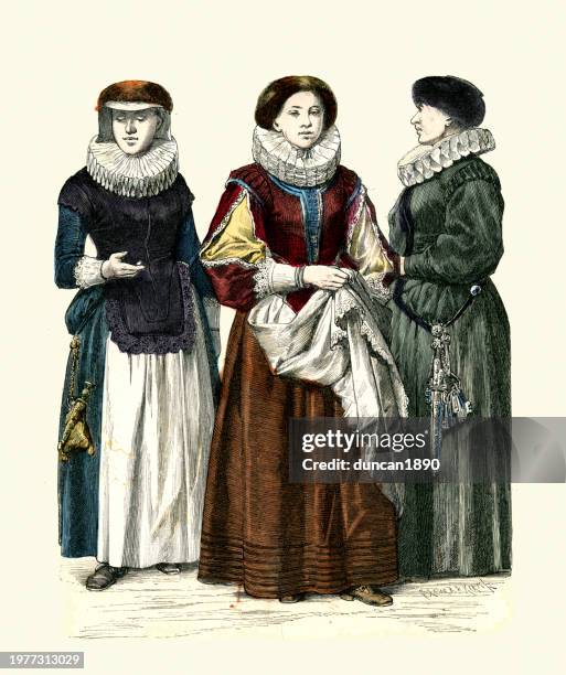 istory womens fashions 17th century, frankfurt, palatinate, swabia, germany, dress, neck ruff, 1644 - frankfurt oder stock illustrations