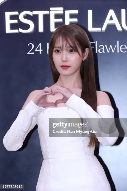 South Korean actress and singer IU aka Lee Ji-Eun is seen at the Estee Lauder new 'Double Wear Square' pop-up opening on February 01, 2024 in Seoul,...