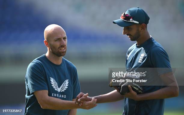 England bowler Shoaib Bahir is congratulated by Jack Leach during England practice ahead of the second test match at ACA-VDCA Stadium on February 01,...