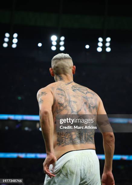 The tattoo'd back of Richarlison of Tottenham Hotspur featuring himself, overlooking a Favela, Ronaldo and Neymar during the Premier League match...