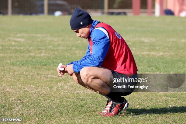 Ange Capuozzo of Italy kneels on the field during a training session at Centro Sportivo Giulio Onesti on February 01, 2024 in Rome, Italy.